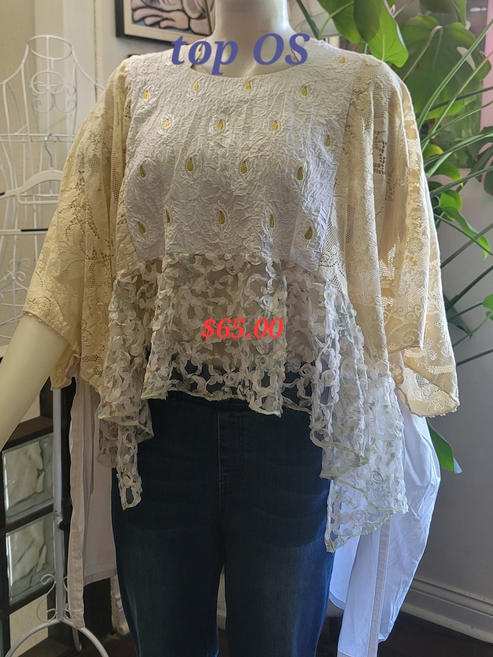 THE MORGAN FACTORY -OOAK Boho Lace Layered Peplum Top - Cream Sz. One Size